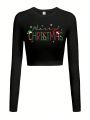 Teenage Girls' Casual Christmas Print Round Neck Long Sleeve T-shirt, Suitable For Autumn