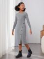 SHEIN Kids Cooltwn Girls' Knitted Solid Color Slim Fit Midi Dress With Side Slit, Fall/Winter