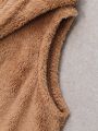 SHEIN Teen Girls' Knit Double-faced Fleece Open-front Sleeveless Hooded Vest