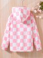 SHEIN Kids EVRYDAY Tween Girl Checker Print Zip Up Thermal Lined Hooded Jacket With Bag