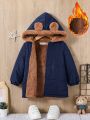 SHEIN Baby Boys' Thick Jacket With Hood, Front Zipper, Plush Ear Decoration