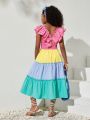 SHEIN Kids Cooltwn Tween Girls' Casual Spring/Summer Square Neckline Color Block Patchwork Dress