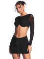 SHEIN BAE Women'S Black Valentine'S Day Outfit, Mesh Pleated Ruffle Hem Midi Skirt And Short Sleeve Crop Top With Backless Design