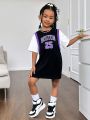 SHEIN Kids Cooltwn Young Girls' Cool Street Knit Round Neck Patchwork Short Sleeve Dress With Color Collision