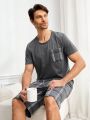 Men's Plaid Patch Pocket Short Sleeve T-Shirt And Shorts Homewear Set