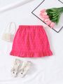SHEIN Kids QTFun Young Girl's Fashionable And Cute Layered Skirt With Cut Flowers Design And Ruffled Hem