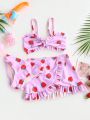 Baby Strawberry Print Frill Trim Bikini Swimsuit With Beach Skirt