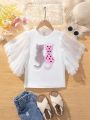 SHEIN Kids CHARMNG Tween Girls' Round Neck Lace Patchwork Ruffle Sleeve Cat Patch T-Shirt With Sequins Embellishment