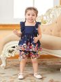 Baby Girls' Deep Blue Elegant Romantic Floral Print Cute Daily Casual Top For Spring And Summer