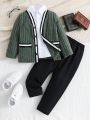 Boys' Gentlemen's Casual Brushed Striped Hem Jacket And Trousers