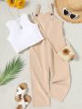 SHEIN Kids EVRYDAY Tween Girl Solid Tank Top & Overall Jumpsuit Without Bag