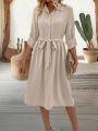 Ladies' Solid Color Roll-Up Sleeve Belted Dress