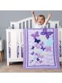 Brandream 3 Piece Baby Crib Bedding Sets for Girls Purple Butterfly Nursery Bedding Set | Baby Quilt, Fitted Crib Sheet, Dust Ruffle Included