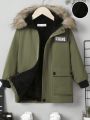 SHEIN Boys' Casual Loose Fit Workwear Style Thick Coat With Hood, Buttoned Flap Pockets, Trim And Fleece Lining