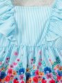 SHEIN Kids HYPEME Little Girls' Floral Printed Vertical Striped Flutter Sleeve Shirt