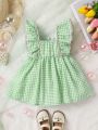 Infant Girls' Plaid Checkered Square Neck Short-Sleeve Dress With Ruffles Hem, Cute, Soft & Quick-Drying For Spring/Summer