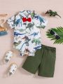 Baby Boys' Fun Cartoon Dinosaur Print Bowtie Short Sleeve Romper With Shorts Summer Outfit