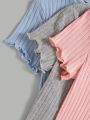 SHEIN Kids EVRYDAY 3pcs/Set Tween Girls' Round Neck Slim Fit Casual Short Sleeve T-Shirt With Ruffled Hem