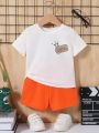 SHEIN Baby Boys' Cartoon Letter Printed Crew Neck Short-Sleeved T-Shirt And Shorts Set
