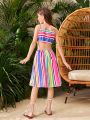 SHEIN Kids SUNSHNE Tween Girl's Colorful Striped Hollow Out Cami Summer Vacation Dress