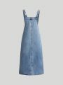 SHEIN Teens Girls Vintage Style Solid Button Front Pocket Denim Overall Long Dress Without Tee,Kids Summer Dress