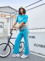 SHEIN Street Sport Women'S Letter Print Top And Side Striped Pants Sportswear Set