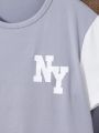 SHEIN Kids EVRYDAY Tween Boys' Color Blocking Letter Print T-Shirt And Shorts Set