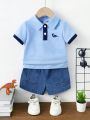 Baby Boy Color Block Dinosaur Embroidery Turn-Down Collar Short Sleeve Top With Denim Shorts Set