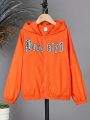 SHEIN Male Teenagers Casual Orange Bright Printed Sun Protection Jacket Suitable For Spring, Autumn And Summer