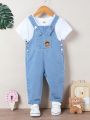 Baby Boy'S Casual Loose Fit Sunglasses & Teddy Bear Embroidery Light Blue Denim Overalls With Washed Finish