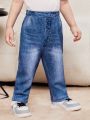 SHEIN Boys' Baby Imitation Denim Printed Casual Straight Leg Pants