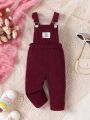 Baby Girls' Simple & Fashionable Ribbed Overalls With Alphabet Patch, Easy Matching