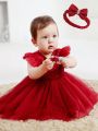 Baby Girls' Burgundy Tulle Dress, Perfect For 100th Day Party Or First Birthday