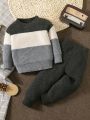 Boys' Color Block Round Neck Sweater And Solid Color Long Pants Set, Autumn & Winter