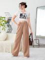 Teen Girls' Knitted Drawstring Waist Wide Leg Casual Pants With Accordion Pocket