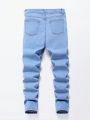 SHEIN Teen Boys' Casual Graffiti And Bear Print Washed High Stretch Skinny Light Blue Jeans For Spring And Summer