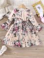 SHEIN Kids Nujoom Young Girls' Spring/Summer Floral Print Flared Sleeve And Pleated Dress