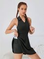 SHEIN Teenage Girls' Collared Sleeveless Knitted Solid Color Hooded Sporty Dress