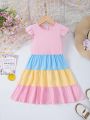 SHEIN Kids QTFun Little Girls' Knit Patchwork Flying Sleeve Dress With Cute Flying Sleeves