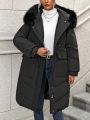 SHEIN LUNE Coat With Big Pockets, Drawstring Waist, Fur Collar And Hood, Filled With Down