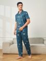 Men's Blue Bear Printed Short Sleeve Shirt Collar Long Pants Pajama Set