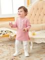 SHEIN 2pcs/set Baby Boys' Casual Vintage Floral Lace Trimmed Long Tops And Pants Set With Stand Collar, Conservative Style