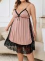 Plus Contrast Lace Belted Robe & Cami Nightdress