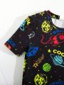 SHEIN Tween Boys' Casual Round Neck Short Sleeve T-Shirt And Shorts Set, Night Luminous Galaxy Element Printed, Knit Two Piece Set