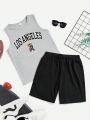 Tween Boys' Casual Simple Cartoon Pattern Round Neck Vest And Shorts Set, Suitable For Summer