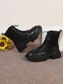 Women's Retro Black Lace-up Short Boots With Thick Soles In British Style