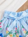 SHEIN Kids FANZEY Tween Girl's Striped Flower Pattern Shorts With Detachable Belt, Ruffled Hem