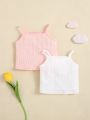 SHEIN Newborn Baby Girls' Knitted Soft Solid Color Jacquard Camisole Tops 2pcs/Set