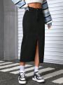 SHEIN PETITE Women's Denim Skirt With Side Slit Hem