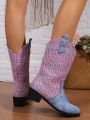 Women's Bohemian Style Diamond Checkered Stitching V-cut Chunky Heel Mid-calf Boots For Spring And Autumn